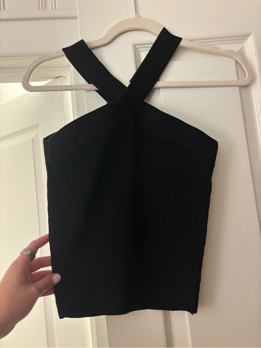 Black Ribbed Cross-Back Women's Top